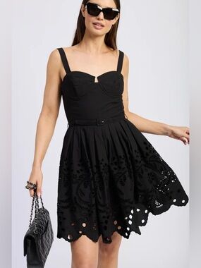 Tuckernuck || En Saison Delilah Mini Dress Corset Belted Eyelet Cutwork Black